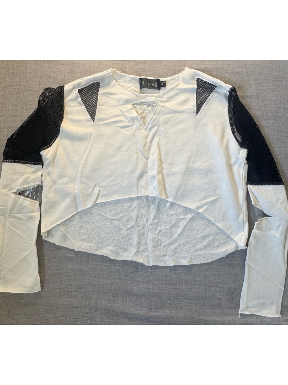 Rehab White Crop Top with Black Mesh Sleeves & plastic detail